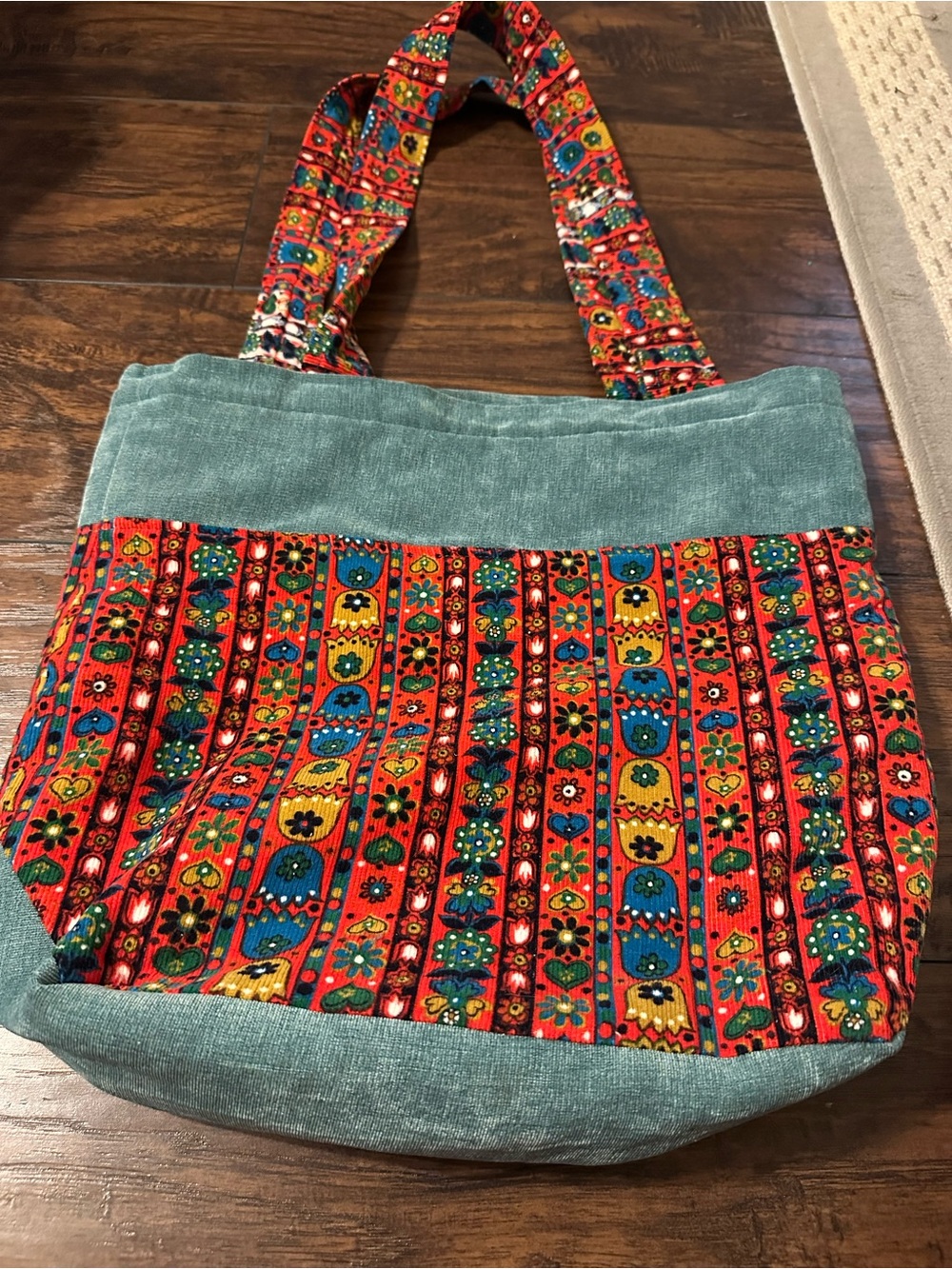 Boho Floral Stripe Tote Bag in Teal and Red